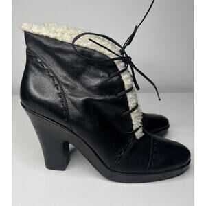 Aerosoles Envision Ankle Bootie Women's 11M Black Leather Faux Fur Trim Lace Up